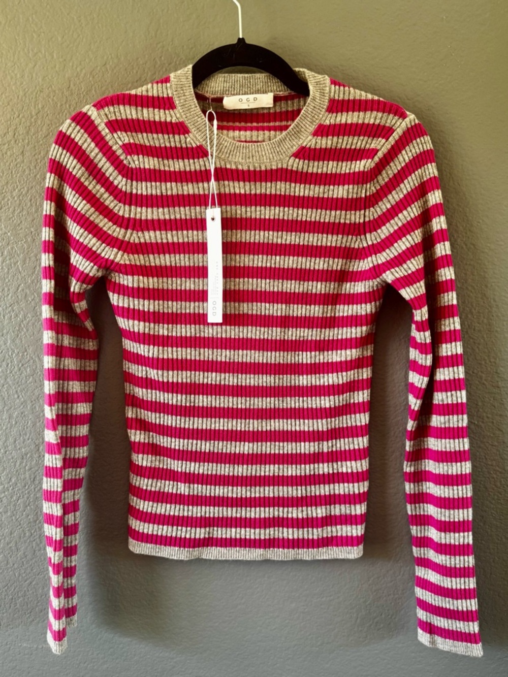 OGD Striped Pink and Grey Ribbed Sweater 100% Cashmere
